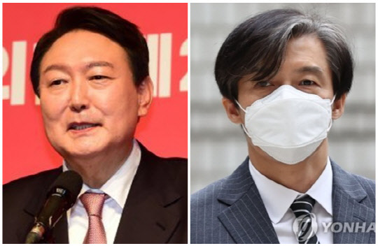 윤석열(왼쪽) 국민의힘 대선 후보와 조국 전 법무부 장관. 연합뉴스